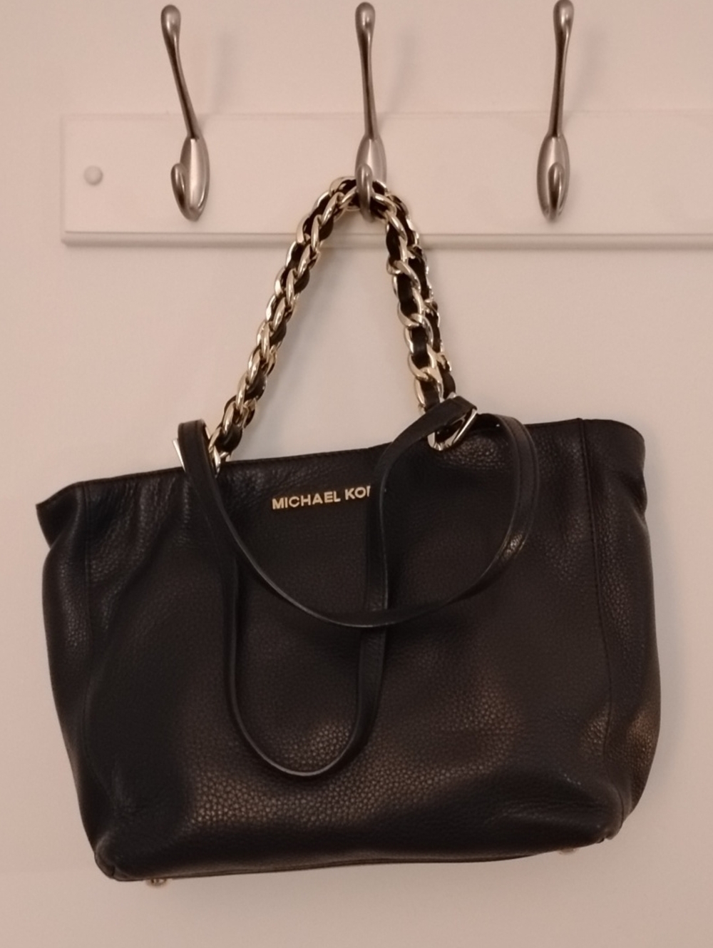 Michael Kors Black Leather Tote with Gold Chain Handles